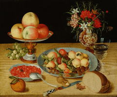 Stilleben mit Früchten, Weinglas und Blumenvase by Anonymous