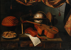 Stilleben mit Musikinstrumenten, Globus und einem Teller mit Gebäck by Bartolomeo Bettera