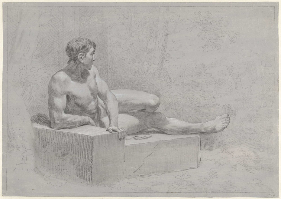 Studie van een liggend mannelijk naakt, op een stenen bank