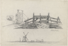 Studies van een hek, een poort en een landschap met windmolen