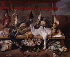 Table de cuisine avec gibier, poissons et légumes by Frans Snyders