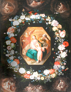 The Holy Family in a garland of flowers