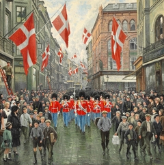 The King's birthday. The Royal Guard in red gala in Østergade by Paul Gustav Fischer
