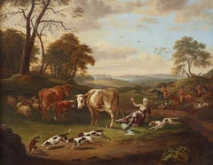 The Royal Buck-Hounds chasing a Fox and upsetting a Milkmaid, with Windsor Castle in the distance by Charles Towne