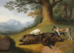 Two Views of a Dead Boar with a Mastiff and two other Dogs by Jacob Philipp Hackert