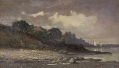 Untitled (shoreline with sailboats and roof) by Edward Mitchell Bannister