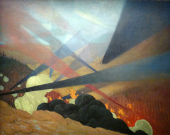 Ver­dun, tableau de guerre inter­prété, pro­jec­tions col­orées noires, bleues et rouges, ter­rains dévastés, nuées de gaz by Félix Vallotton