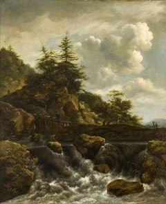 Waterfall with footbridge and pine trees by Jacob van Ruisdael