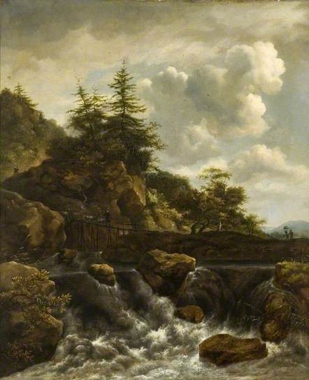 Waterfall with footbridge and pine trees