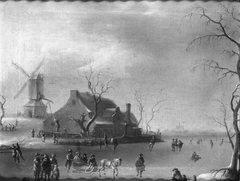 Winter Scenery with Ice Skaters, a Mill to the Left
