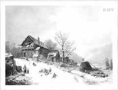 Winterlandschaft mit Bauernhaus und Kindern
