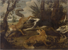 Wolfhounds and Two Foxes by Paul de Vos