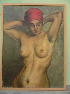 Woman with red turban by Bela Pehan