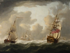 A bomb-ketch, a two-decker and other shipping in a fresh breeze by Charles Brooking