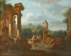 A Capriccio Landscape with Soldiers conversing beneath Classical Ruins by Anonymous