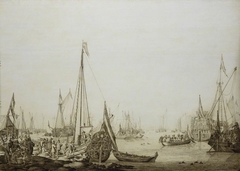A Dutch Bezan Yacht and many other Vessels in a Crowded Harbour beside a Tavern