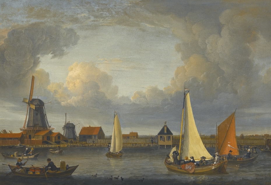 A river landscape with fishermen in rowing boats, windmills beyond