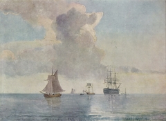 A ship of the line anchored and surrounded by smaller vessels