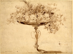 A tazza-shaped vase with flowers tumbling over the bowl by Jan Brueghel the Elder