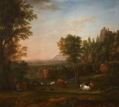 A Wooded River Landscape with a Piping Shepherdess, Cattle and Goats by Jan Frans Beschey