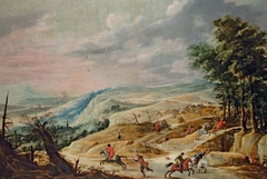 An extensive landscape with a cavalry skirmish on a ridge