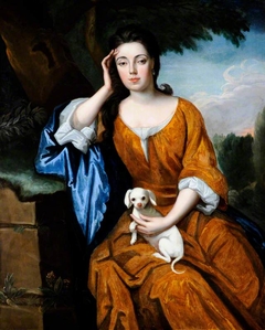 An Unknown Lady in an Orange Dress with a Lap Dog by Anonymous