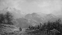 Berglandschaft mit Kreuz und zwei Kindern im Vordergrund by Carl Spitzweg