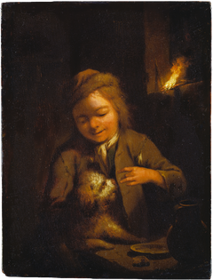 Boy Teasing a Dog: Nightscene Lit by Pinewood Torch by Johann Conrad Seekatz
