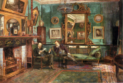 Dante Gabriel Rossetti reading proofs of Sonnets and Ballads to Theodore Watts-Dunton in the drawing room at 16 Cheyne Walk, London by Henry Treffry Dunn