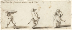 Drie lopende figuren, een man van achteren by Harmen ter Borch