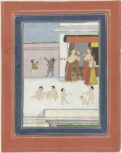 drie vrouwen en spelende kinderen met Krishna by Unknown Artist
