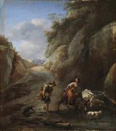 Drinking place in a rocky landscape by Nicolaes Pieterszoon Berchem