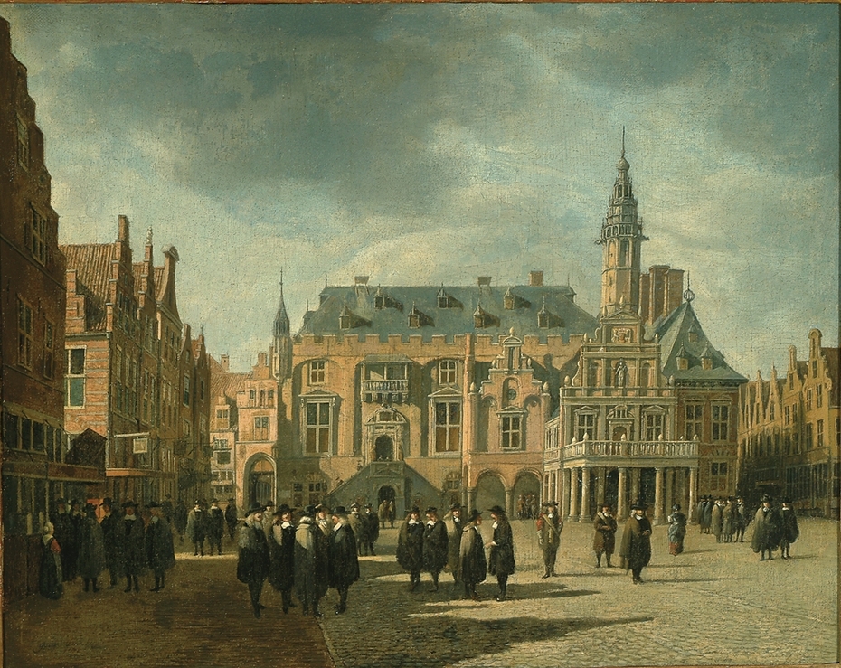 Haarlem City Hall with figures on the Grote Markt