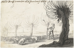 Herder met staf, staand naast schapen en wilgen by Harmen ter Borch