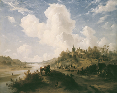 Heuvellandschap met kasteel en figuren by Johannes Tavenraat