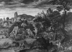 Hilly Landscape with a village with peasants and hunters