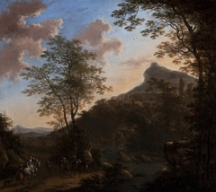 Hilly Landscape with Figures and Horses near a Bridge over a River