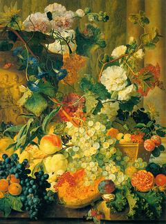 Hollyhocks and Fruit by Two Columns by Jan van Huysum