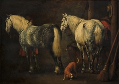 Interior of a stable with two dapple-greys by Abraham van Calraet