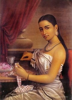Lady making a garland by Raja Ravi Varma