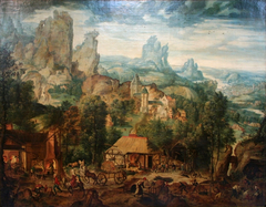 Landscape with a Foundry by Herri met de Bles