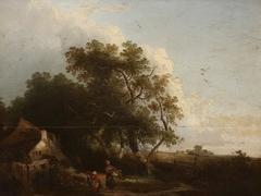 Landscape with Cottage and Peasants by Anonymous