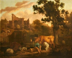 Landscape with Ruins, a Tomb, Herdsfolk, Sheep and Goats by Dirck van der Bergen