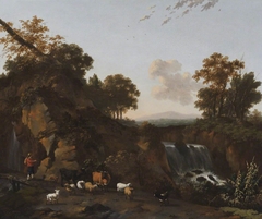 Landscape with Waterfalls, Cowherd, Sheep, Goats and Cattle