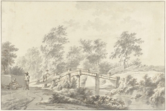 Landschap met figuren bij een brug by Geerlig Grijpmoed