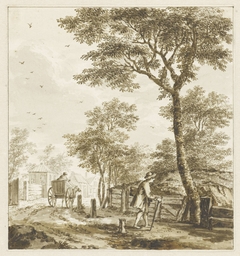 Landschap met figuren en een paard en wagen by Bartholomeus Barbiers