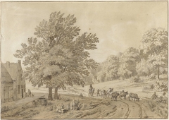 Landschap met koeien op een zandweg en een boerderij met waterput by Jan Laurensz. van der Vinne