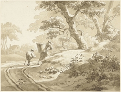 Landschap met vrouw en jongetje op een landweg by Unknown Artist