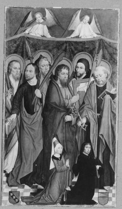 Left wing of St. Laurenz triptych - 6 Apostles and the donor Gerhard von Wesel (1443-1510) with his third wife Adelheid Bischof by Derick Baegert