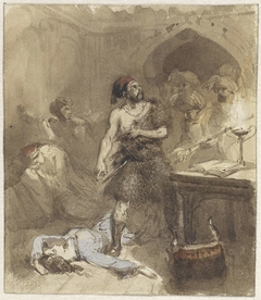 Man en op de grond liggende vrouw in een Moors vertrek by Charles Rochussen